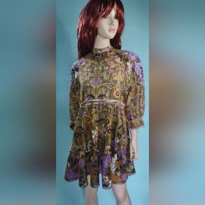 Free People Floral Dress Sz XS Open Back Embroidered Sleeves